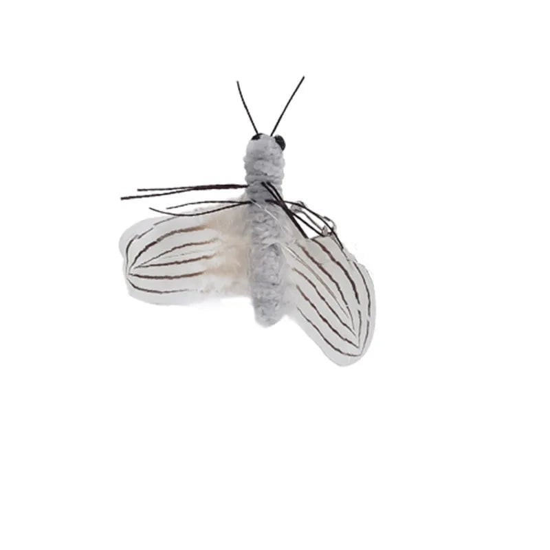 Close-up of a white bug-inspired cat toy attachment with striped wings for the FlutterChase Wand.