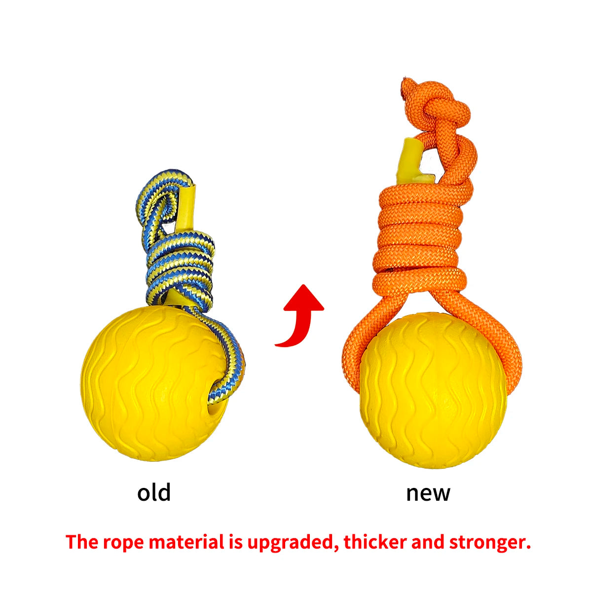 Comparison of old and new dog toy with upgraded rope material on a white background