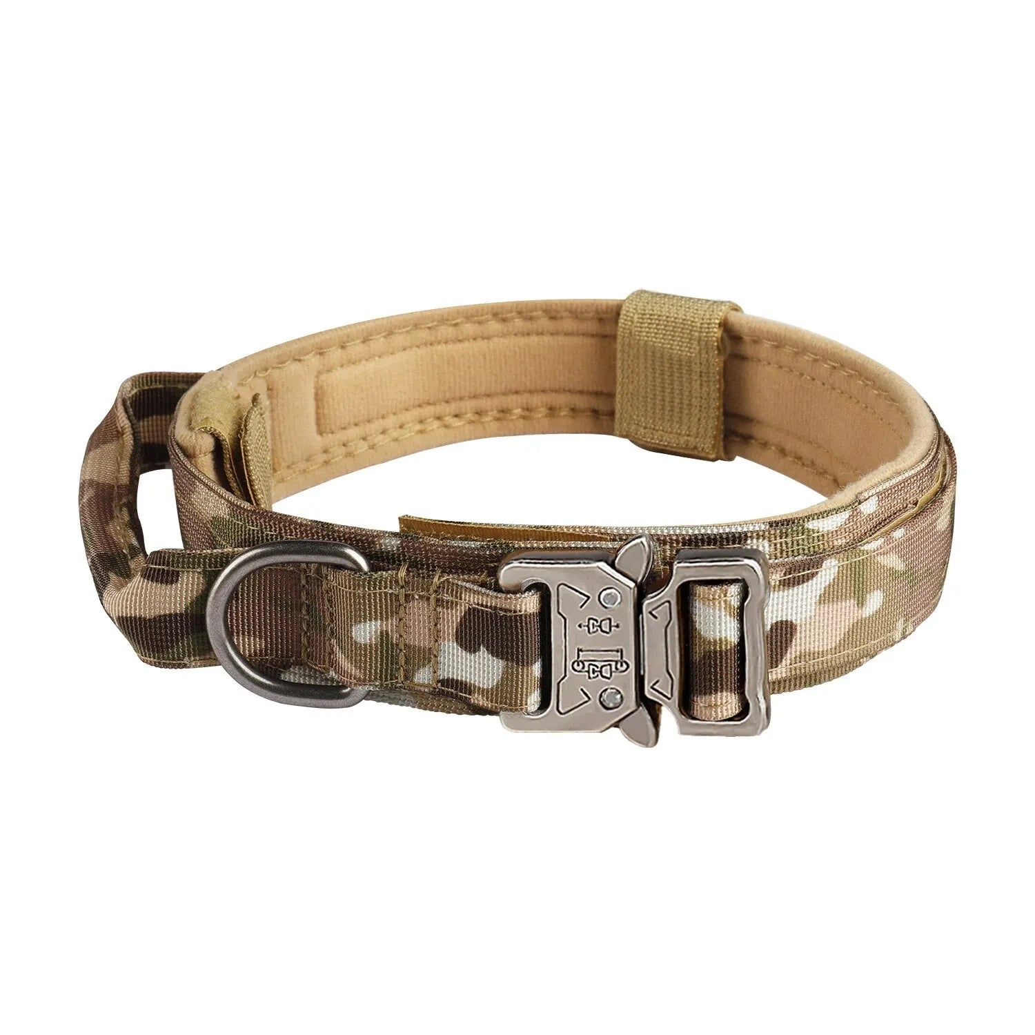Camo tactical dog collar with metal buckle and D-ring on white background.