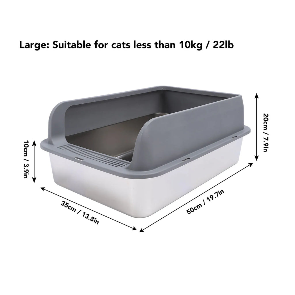 Gray pet litter box with dimensions and suitability for cats less than 10kg on a white background