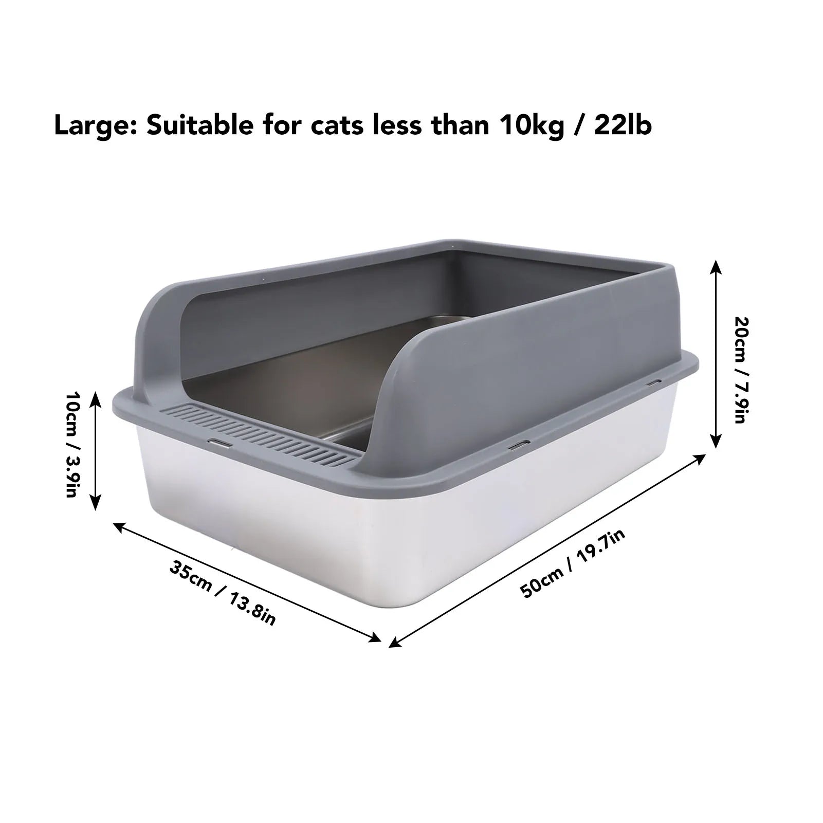 Gray pet litter box with dimensions and suitability for cats less than 10kg on a white background