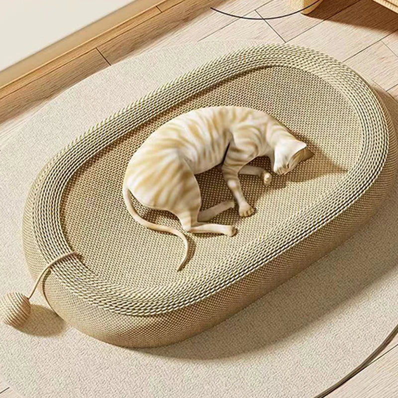 Cat lying on a round, woven pet mat with a wooden floor in the background