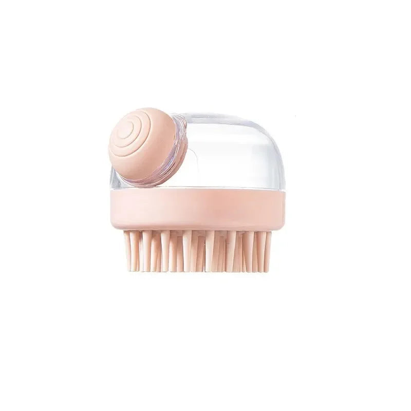 Compact MellowBubbs™ pet shampoo and massage brush on white background.