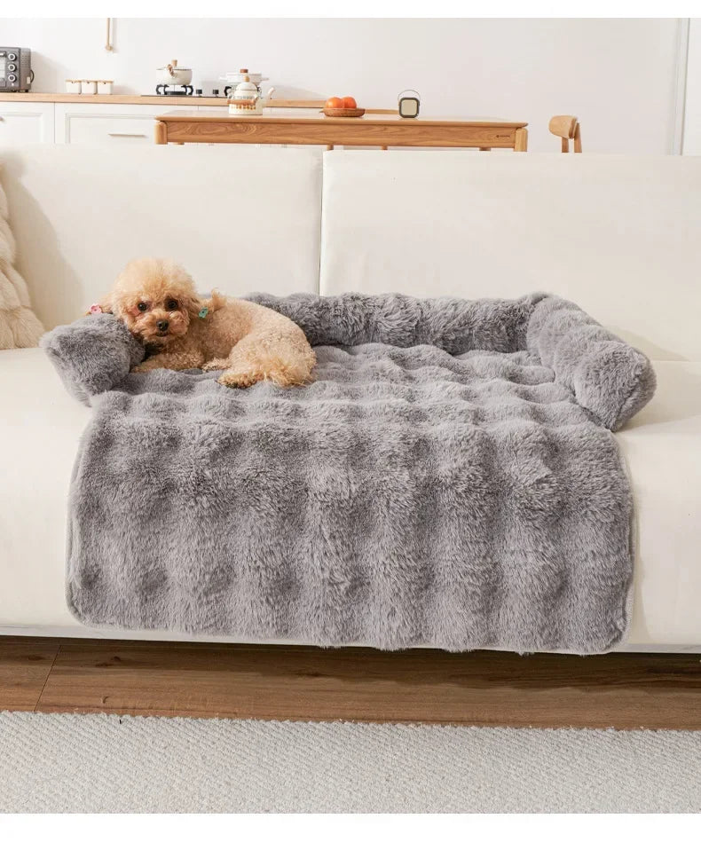 Dog lying on a fluffy gray pet bed on a white couch.