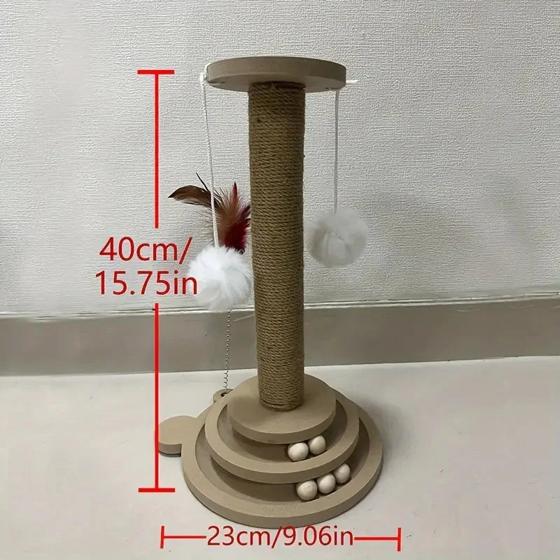 40 cm compact sisal cat scratching post with ball track, feather toy, and pom-poms – space-saving cat furniture for small and medium cats (23 cm base).