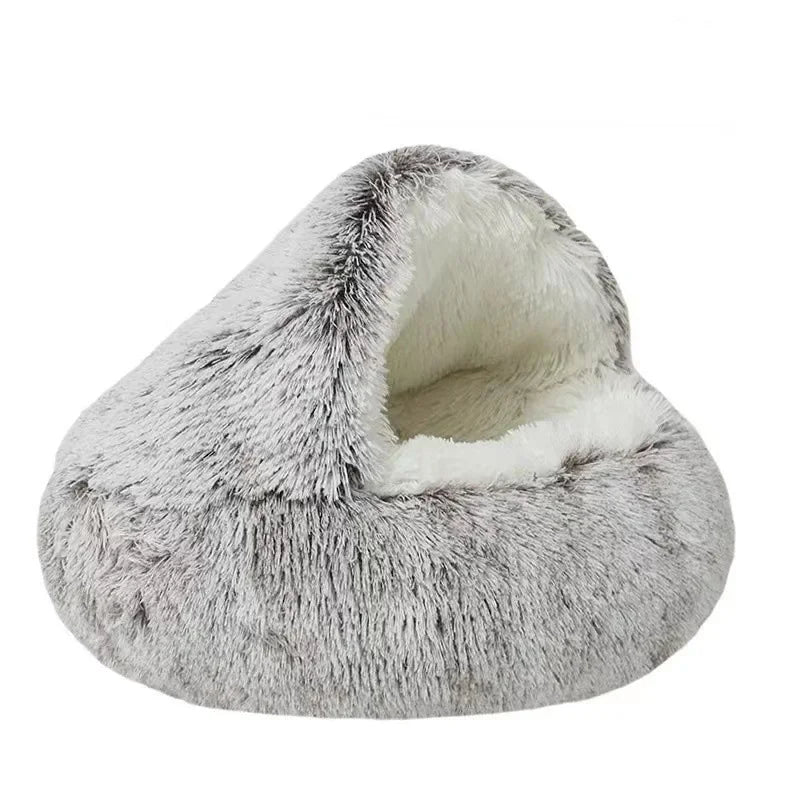 Gray plush pet cave on a white background