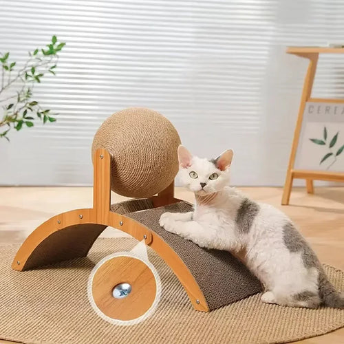 Cat lounging beside modern wooden scratcher with sisal ball and ramp