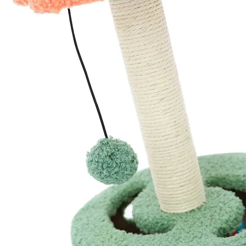 Close-Up of cat tree with a scratching post and dangling pompom on a white background