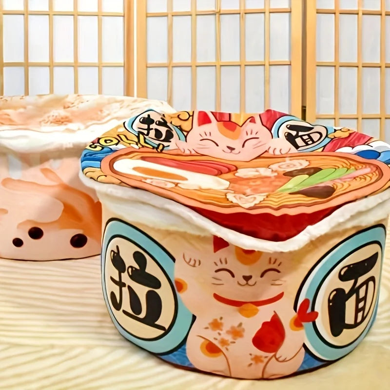 Ramen cup pet bed with lucky cat design and removable noodle lid – cozy novelty cat furniture for small pets.