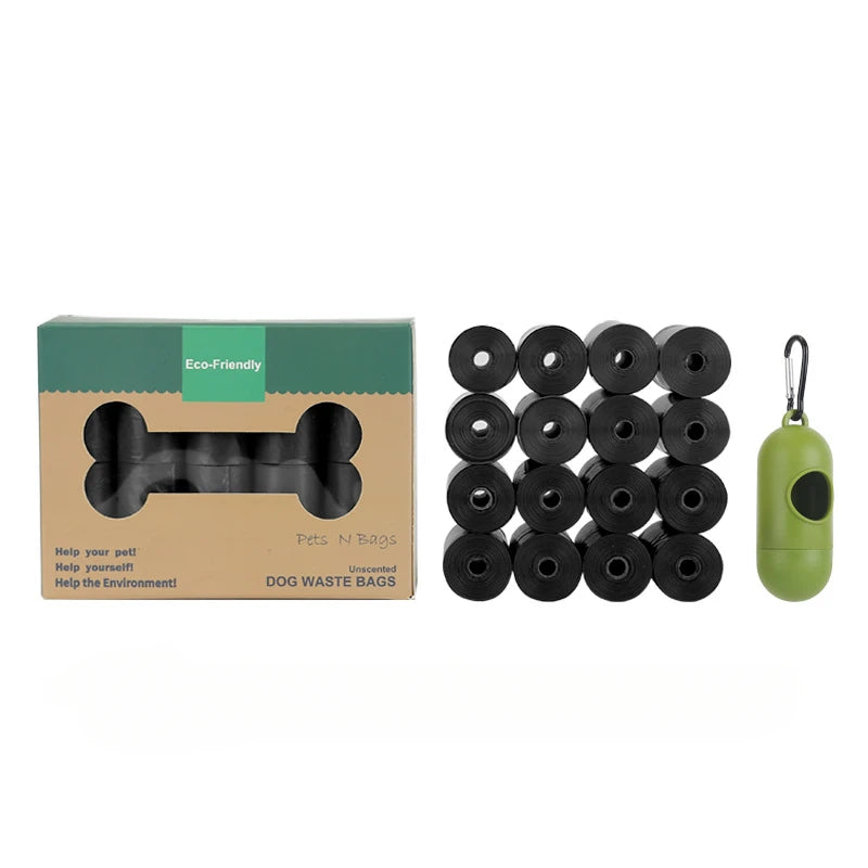Dog waste bag packaging with bags, a dispenser, and a carabiner on a white background