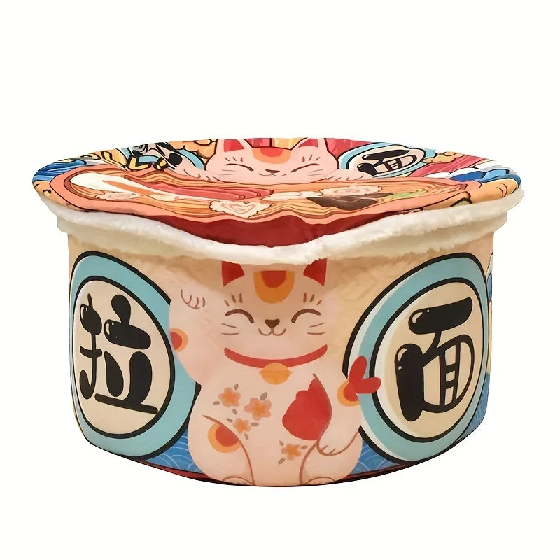 Closed ramen cup pet bed with lucky cat design and plush cotton filling.