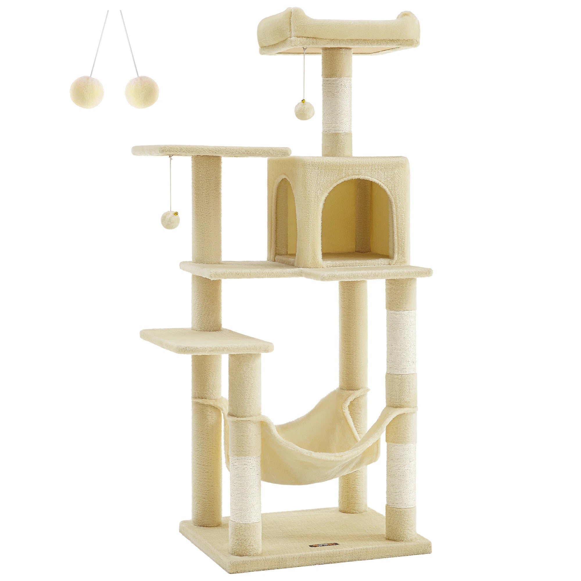 Beige cat tree with multiple levels, a hammock, and hanging toys on a white background