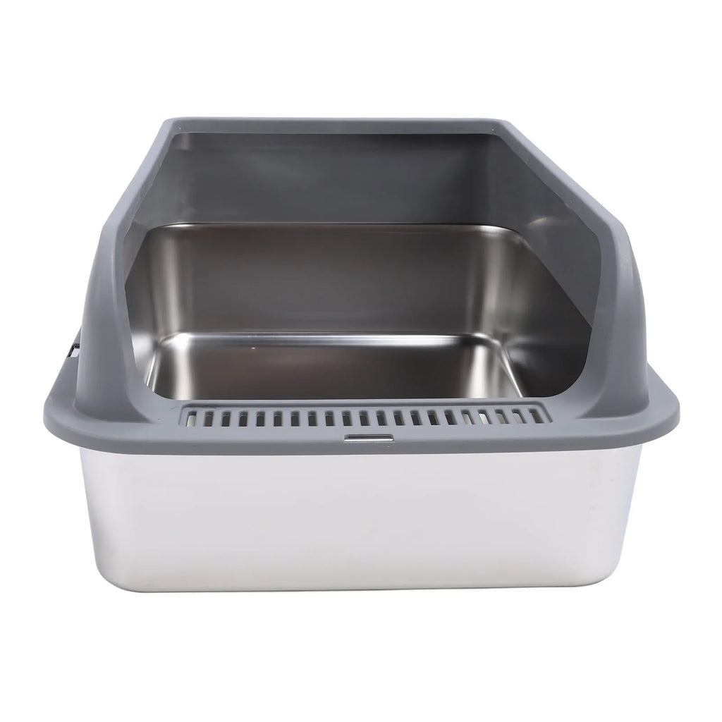 Stainless steel litter box with gray plastic lid on a white background