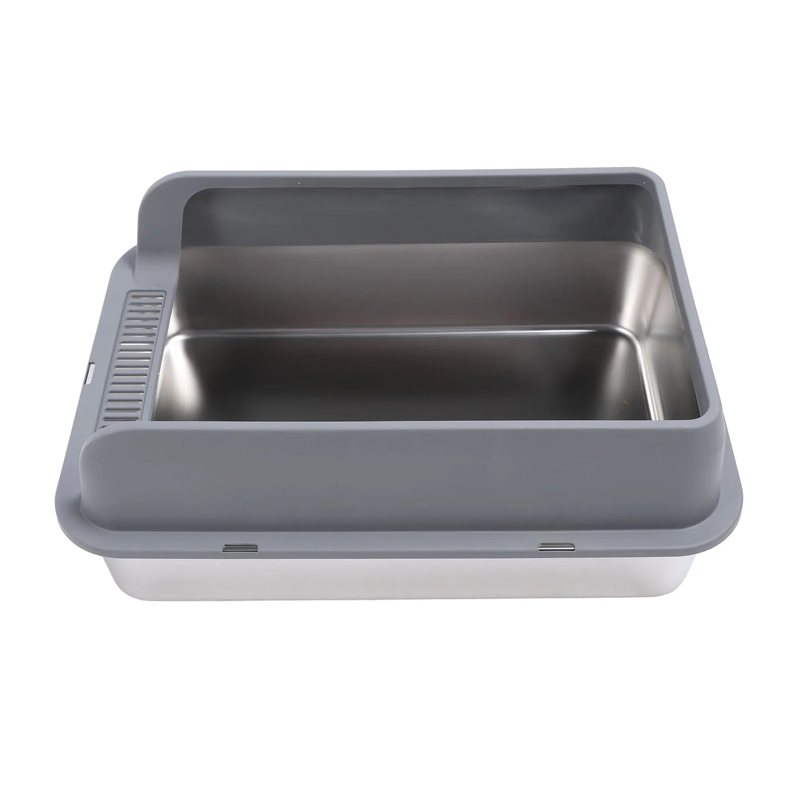 Stainless steel sink with gray plastic cover on a white background