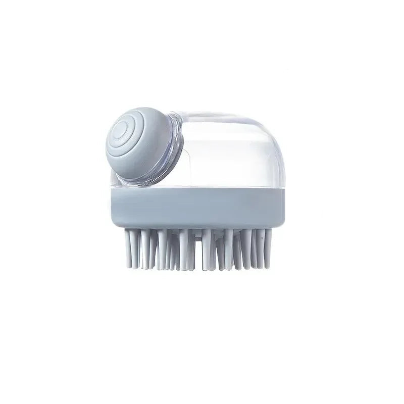 Blue grooming brush with bristles and measurements on a white background