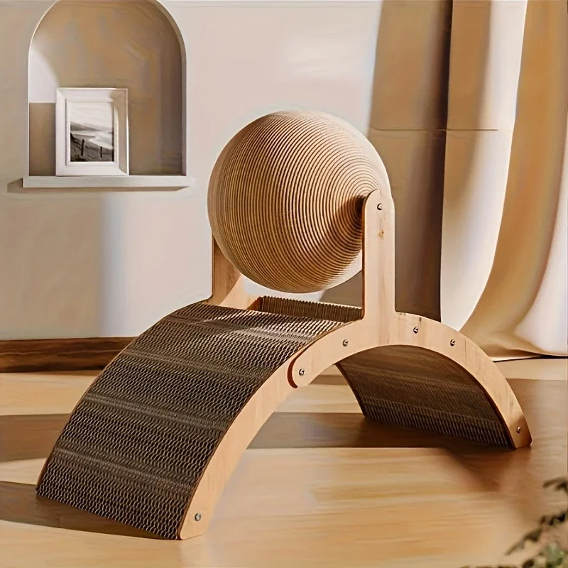 Wooden cat scratcher with a round elevated platform on a wooden floor.