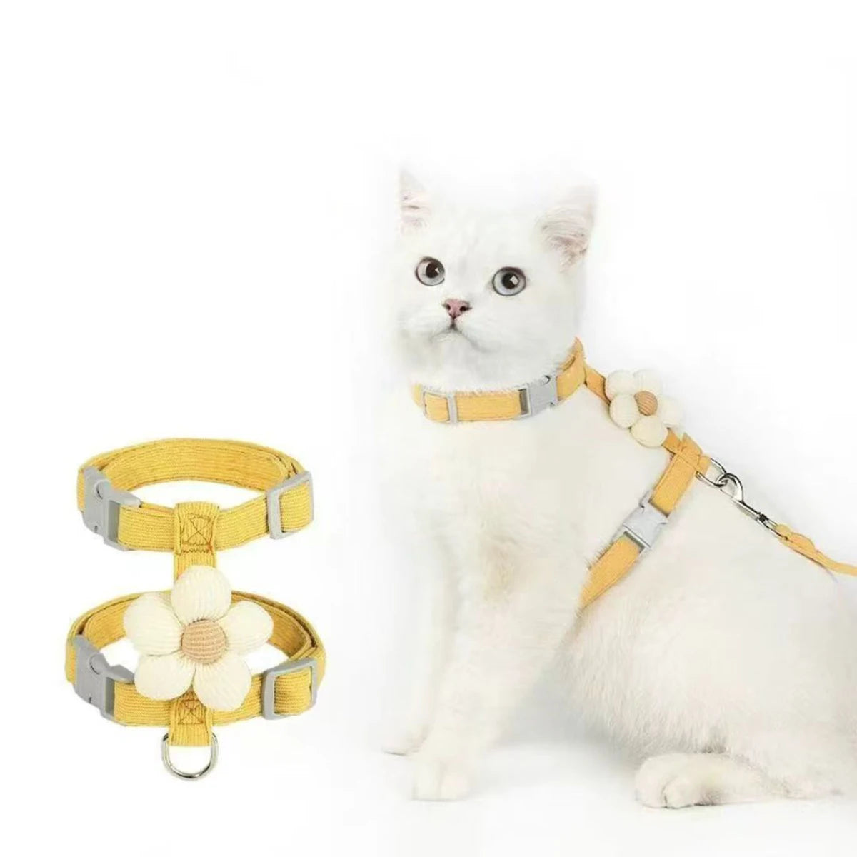 White cat sitting in yellow flower L-shape pet harness with matching leash.