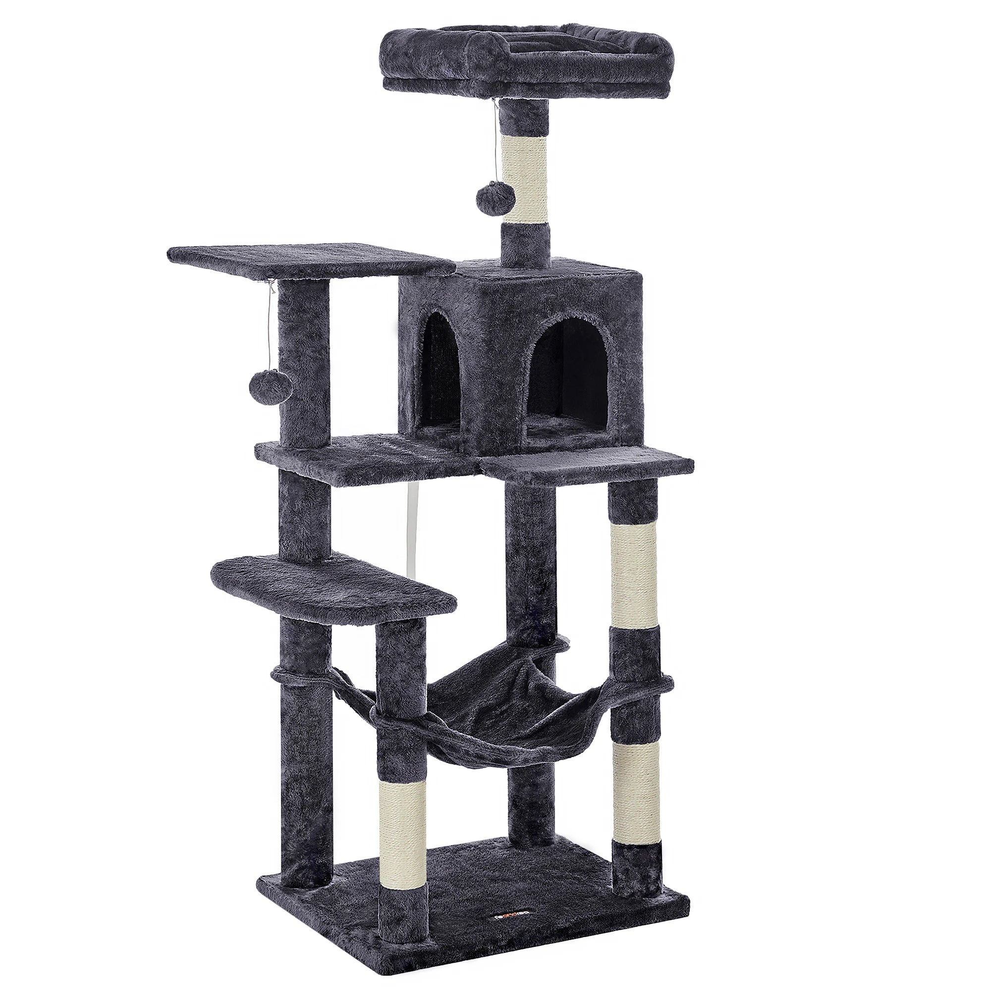 Dark gray cat tree with multiple levels and a hammock on a white background