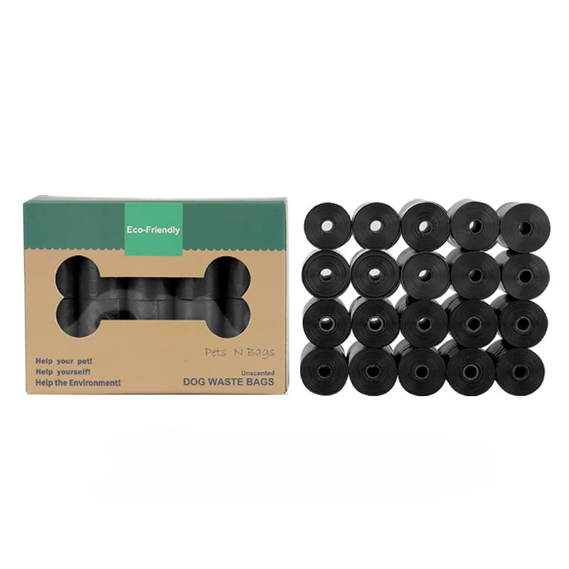 Different pack sizes of black eco-friendly dog poop bags without dispenser.