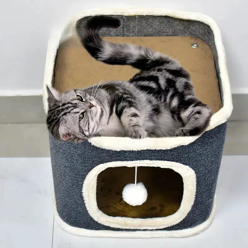 Cat lounging on Peek-a-Paw Tower single-tier cube with flannel lining and hanging pom-pom toy.