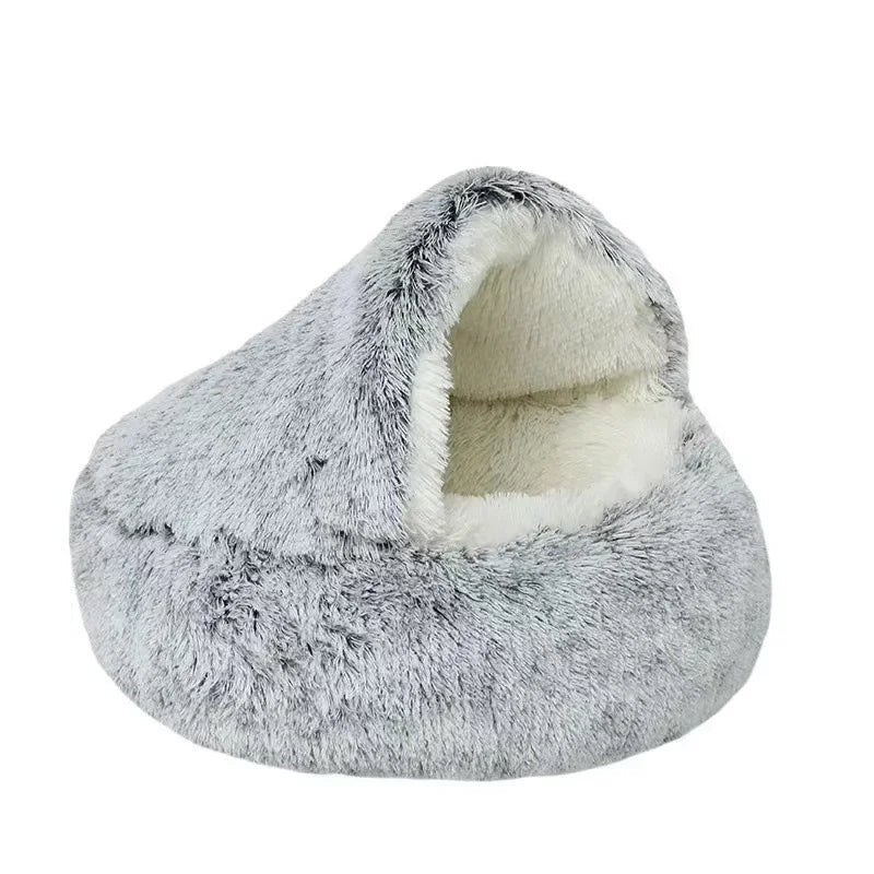 Fluffy gray pet bed on a white background