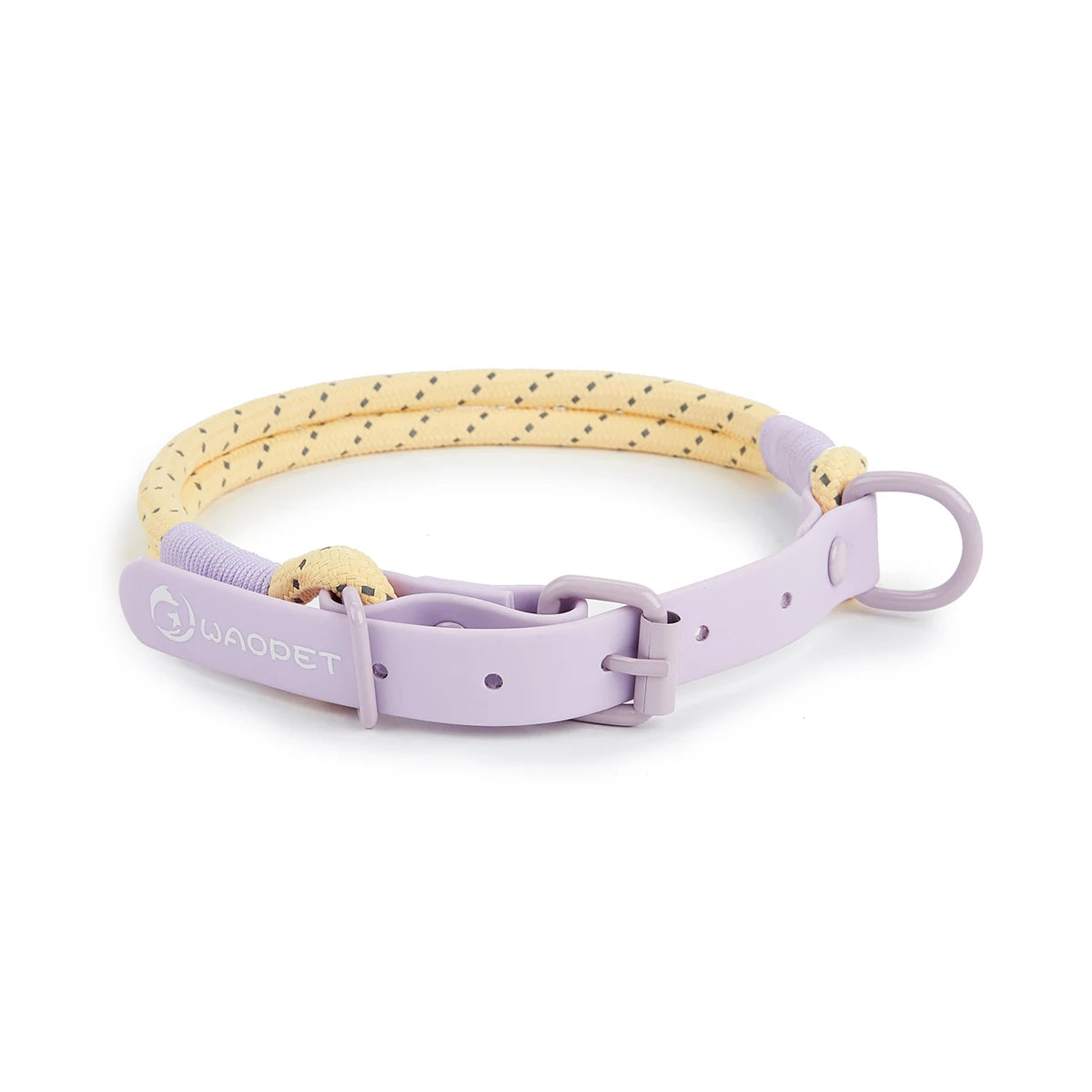 Dog collar with beige strap and purple buckle on a white background