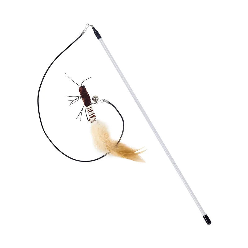 Brown cat toy with a wand and feather attachment on a white background