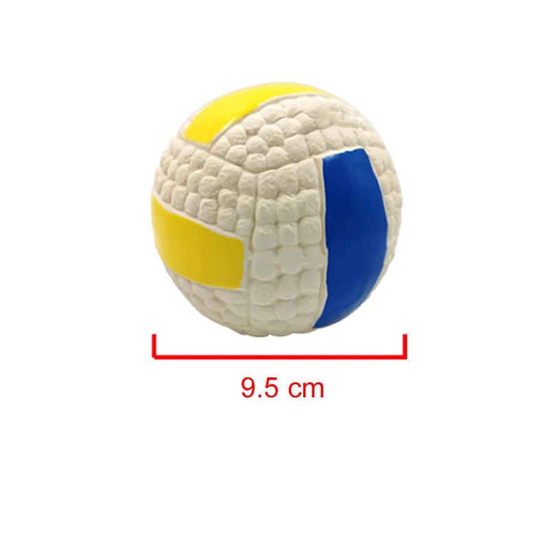 Volleyball pet toy with measurement label on a white background