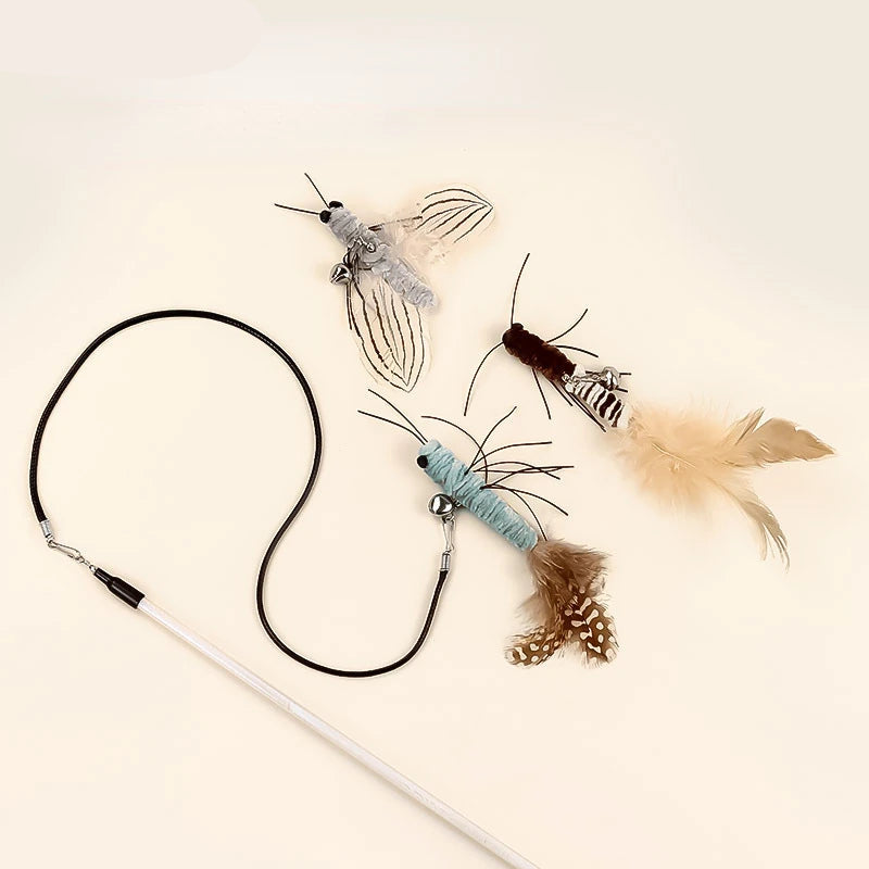 Cat wand toys with feather and bug-inspired attachments
