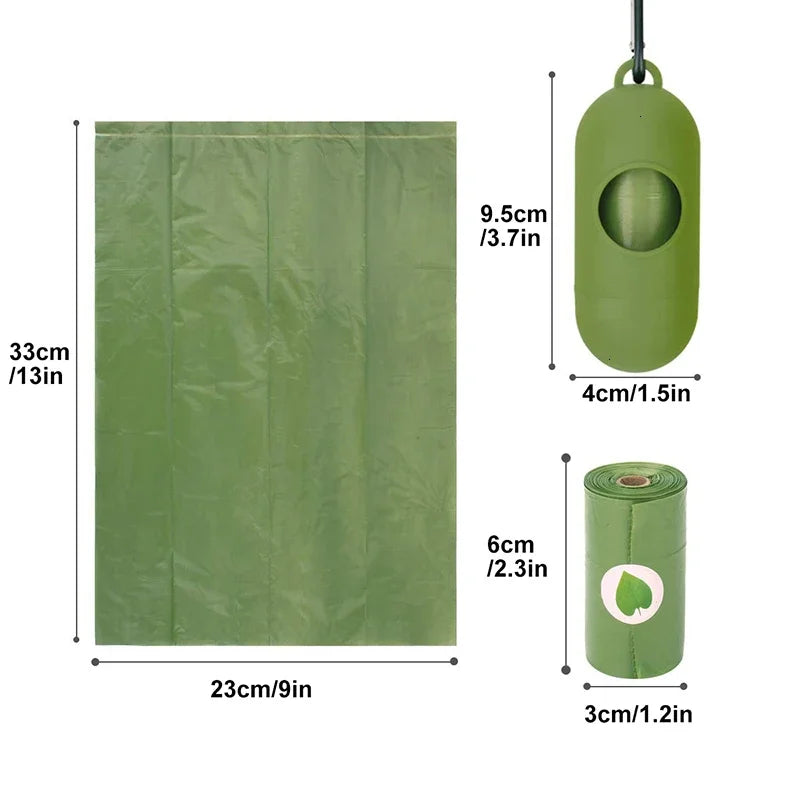 Dimensions of green biodegradable dog waste bags and dispenser with size chart.