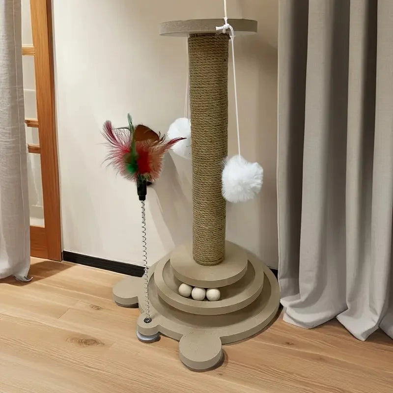 Durable sisal scratching tower with wooden tiered base, hanging plush balls, and feather toy for cats and kittens.