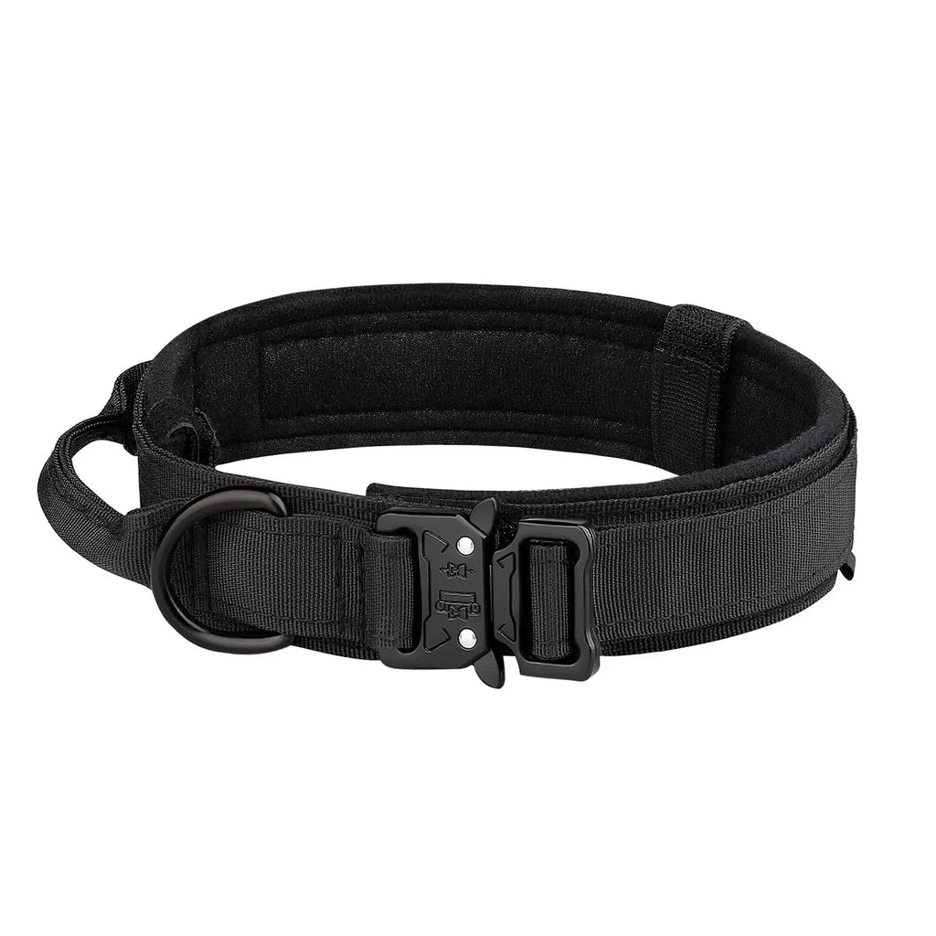 Black tactical dog collar with quick-release buckle and handle on white background.