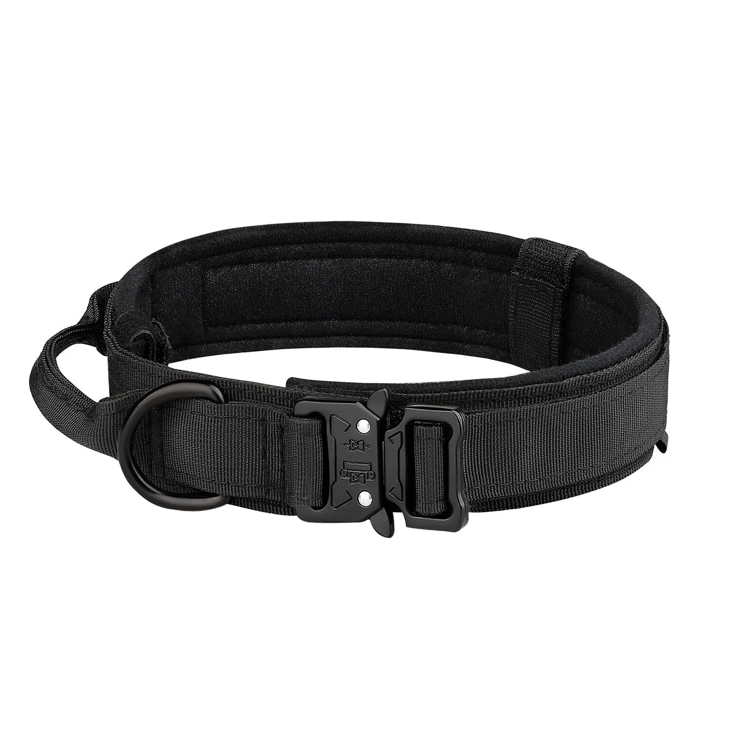 Black tactical dog collar with quick-release buckle and handle on white background.