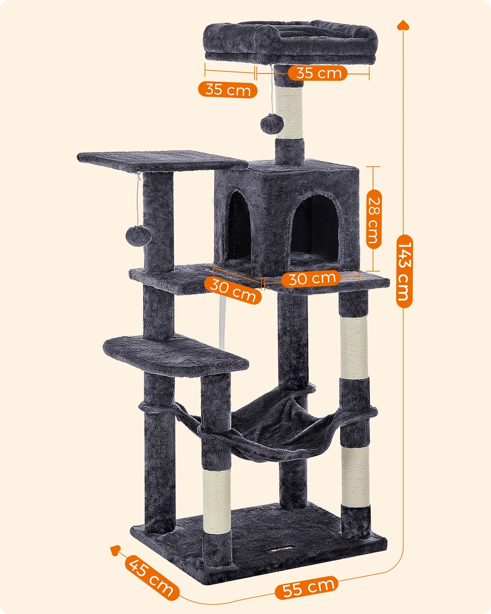 Cat tree with measurements on a beige background