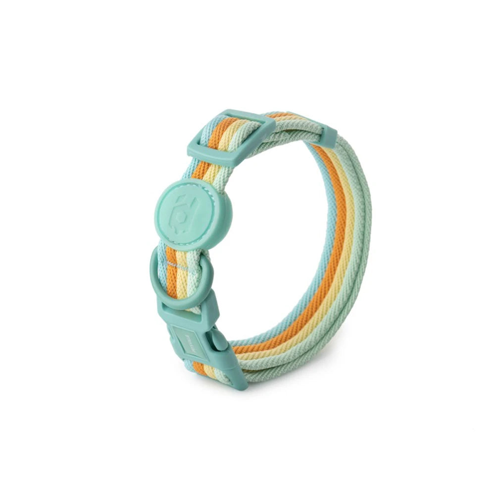 Blue and green striped adjustable dog collar with buckle on white background.