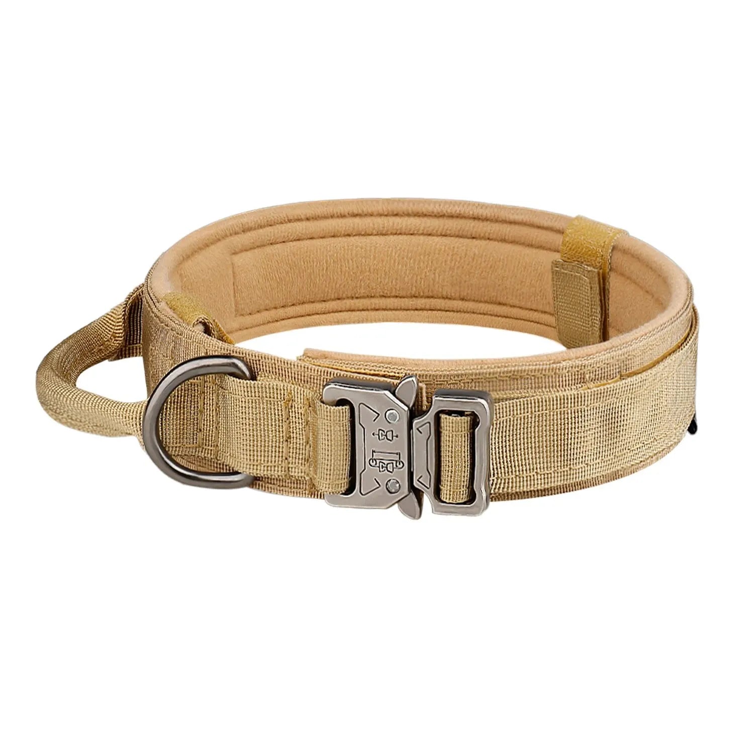 Khaki tactical dog collar with sturdy buckle and handle on white background.