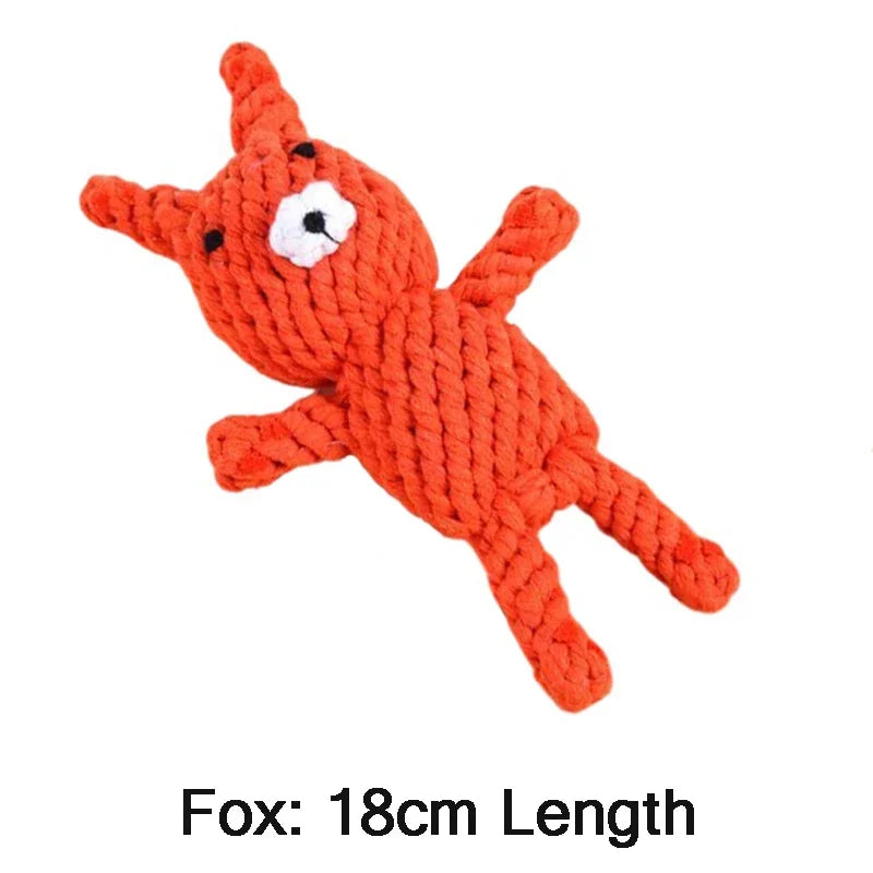 Orange fox-shaped rope toy with text indicating length on a white background