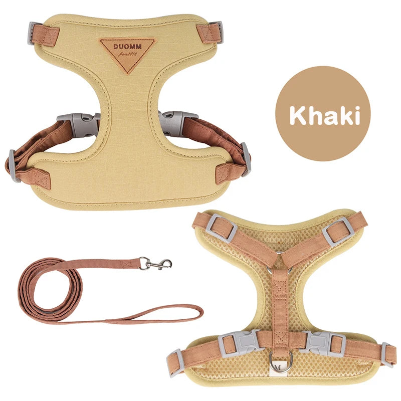 Khaki pet harness with matching leash, comfortable fit for dogs and cats.