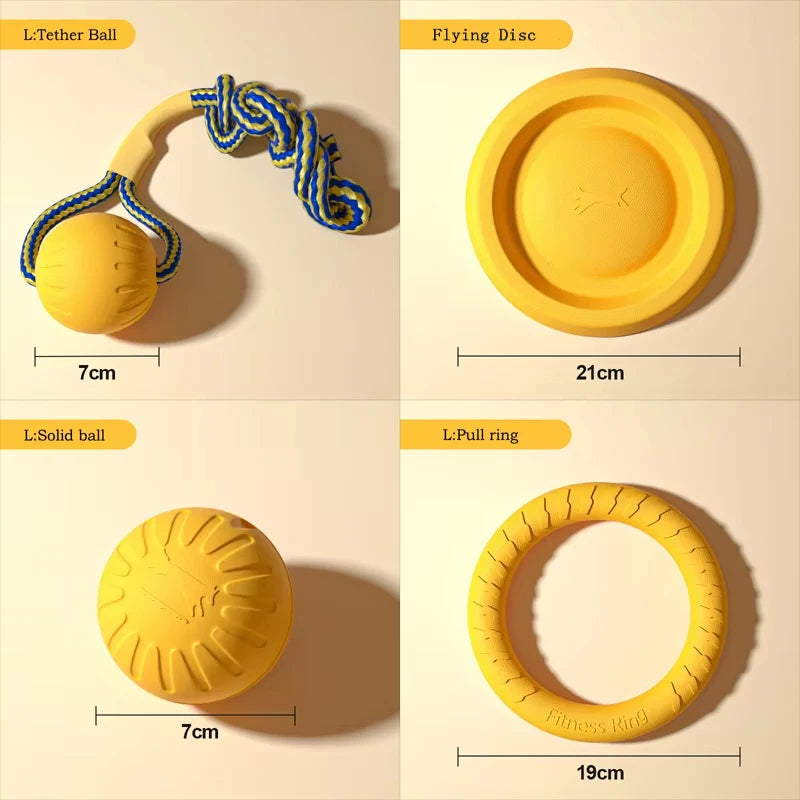 Set of L-sized yellow dog toys with measurements on a beige background