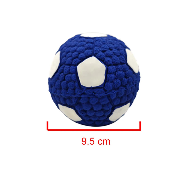 Blue and white textured football with a measurement label on a white background